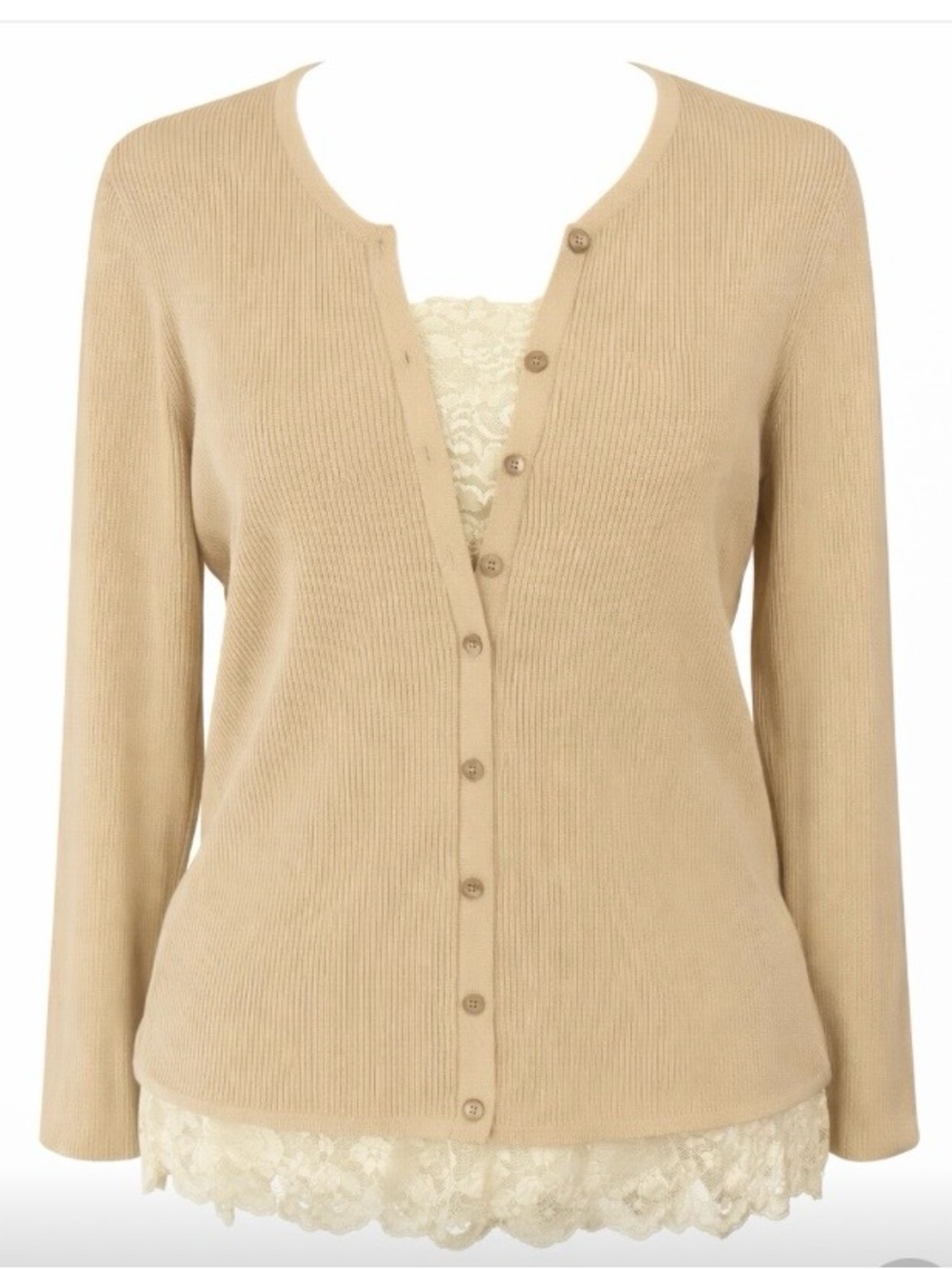 August Silk Knits XL Beige Tan Ribbed Sweater Faux Button Front Silk Blend Lace